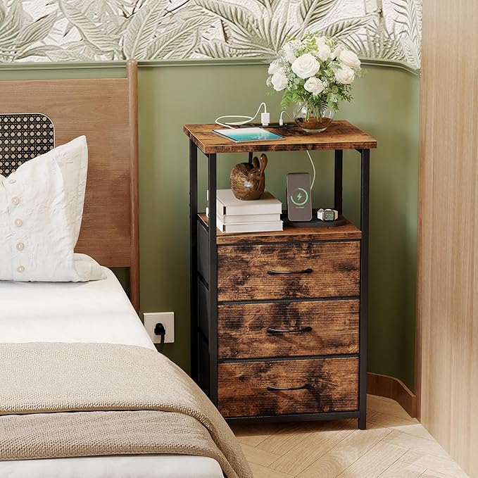 Fixwal Night Stand with 3 Fabric Drawers, Nightstand for Bedroom, Bedside Table with Charging Station End Table with Storage, Rustic Brown