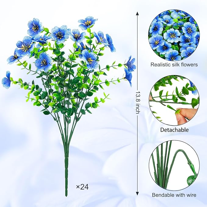 Ouddy Decor 24 Bundles Artificial Flowers for Outdoors Fake Silk Flowers UV Resistant Faux Plastic Plants for Spring Summer Garden Porch Window Box Table Vase Home Indoor Outdoor Decoration, Blue
