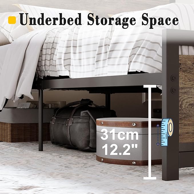 LIKIMIO King Bed Frame with Headboard and Footboard, Metal Strong Supports, Easy Assembly, Noise-Free, No Box Spring Needed, Walnut