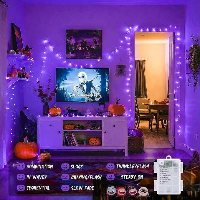 JMEXSUSS 33ft 100 LED Purple Lights for Halloween Decorations, Purple Battery Operated Lights with Remote Indoor Outdoor, String Lights for Halloween Christmas Decor