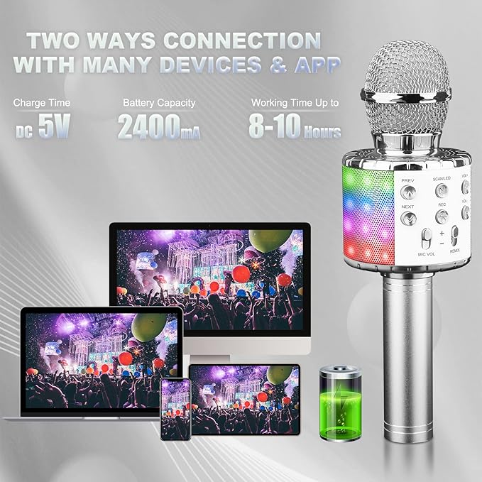 BlueFire 4 in 1 Karaoke Wireless Microphone with LED Lights, Portable Microphone for Kids, Great Gifts Toys for Kids, Girls, Boys and Adults (Silver)