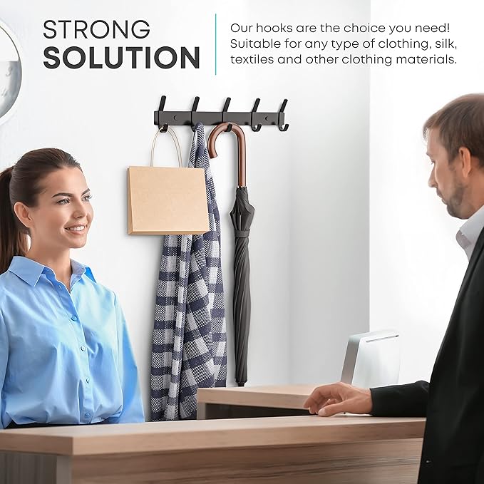 Matte Black Coat Rack Wall Mount – 15 Inch Stainless Steel Hook Rail with 5 Double Coat Hooks – Wall Mounted Entryway Organizer for Coats, Hats, Bags, Towels, Robes, Closet or Bathroom