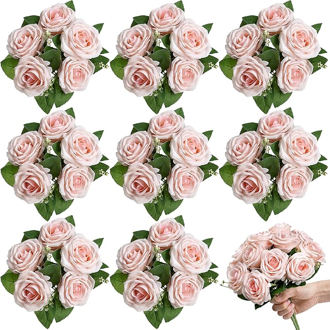 Artificial Roses Bouquets - 8 Bundles Fake Silk Flowers Realistic Faux Florals Bulk for Wedding Bridal Party Baby Shower Event Home Arrangements Centerpieces Decorations (Pink)