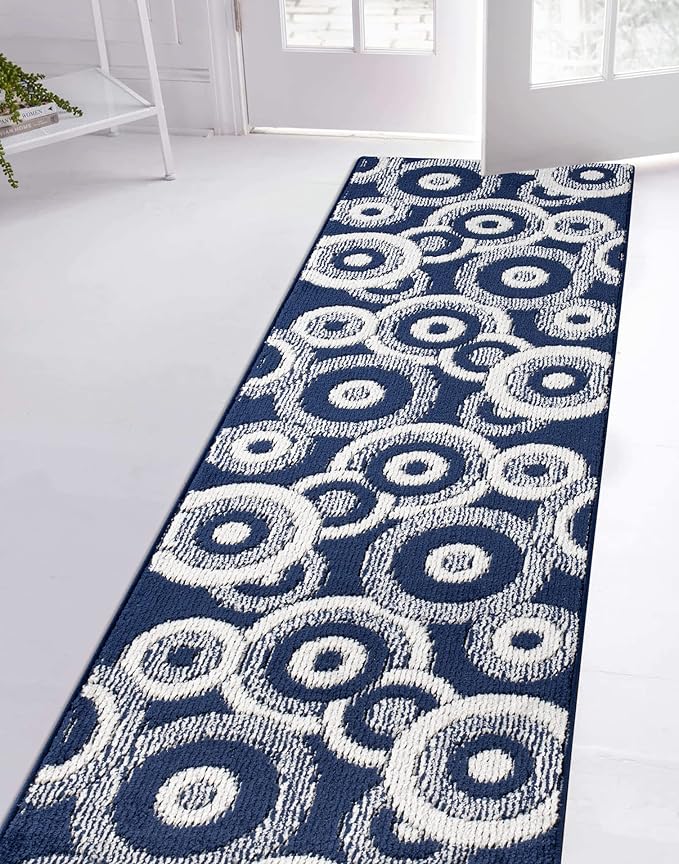 Custom Length Cut to Size Retro Modern Coastal Carpet Runner Rug for Hallways, Non Slip Rubber Backed, 31 inch Wide X Customized Length, Geo Blue, 31 inch X 29 feet
