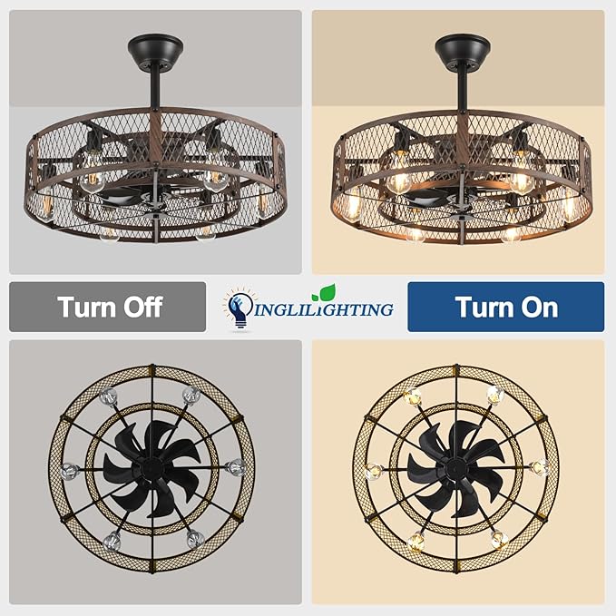 DLLT Caged Ceiling Fan with Lights: 26" Bladeless Fandelier with Light and Remote - Walnut Industrial Chandelier Fan Light for Bedroom Living Dining Room Kitchen
