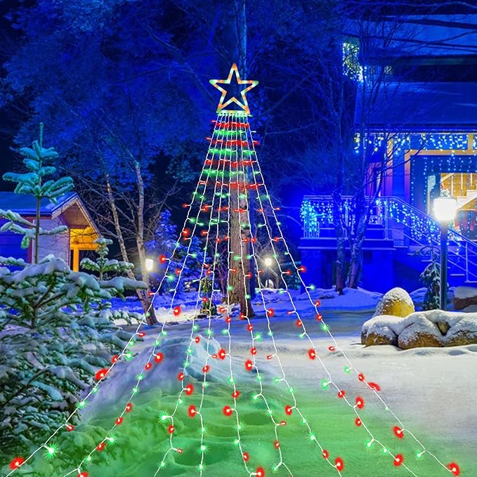 FUNIAO Christmas Decoration Lights - 320 LED Star String Lights Tree Topper with 12" Star for Yard, Garden, Wedding, Party - Red & Green