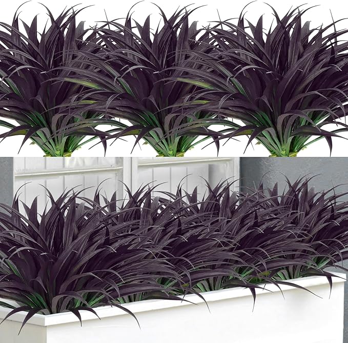 Ouddy Decor 20 Pcs Fake Outdoor Plants Artificial Grass Greenery Stems Faux Plastic Plants UV Resistant for Fall Halloween Indoor Outside Garden Hanging Planter Porch Home Decor, Black Purple