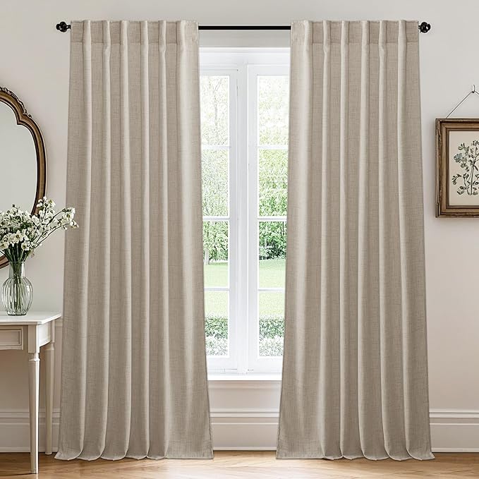 RYB HOME Natural Beige Linen Sheer Curtains 96 inches Long for Living Room and Dining Room, Back Tab/Rod Pocket, Light Filtering Sheer Curtains and Drapes, W 52 x L 96 inches, 2 Panels Set