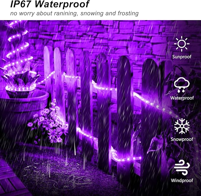 JMEXSUSS 2 Pack Purple Lights Battery Operated Halloween Lights Outdoor Waterproof, Each 33 ft 100 LED Battery Powered Rope Lights, Purple String Light with Remote for Balcony Garden Halloween Decor