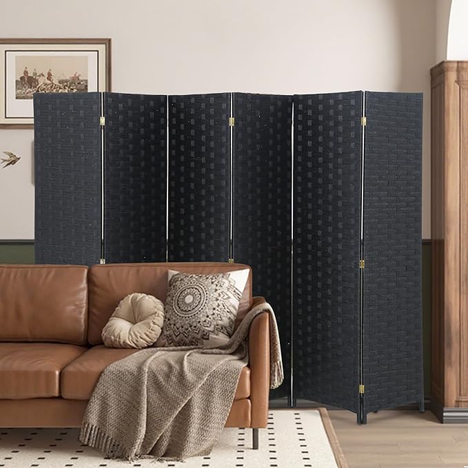 FDW Room Divider 6 Panels Wood Mesh Hand-Woven Design Indoor Folding Portable Partition Screen, Coal Black