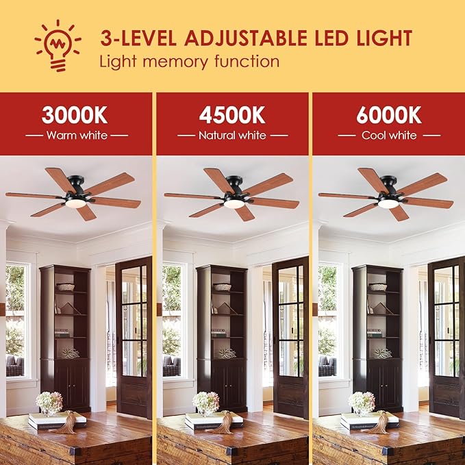 Ceiling Fans with Lights- 52" Low Profile Indoor Ceiling Fan with Light and Remote/APP Control, Flush Mount, 6 Blade, LED Dimmable DC Reversible Modern Ceiling Fan for Bedroom（Brown）