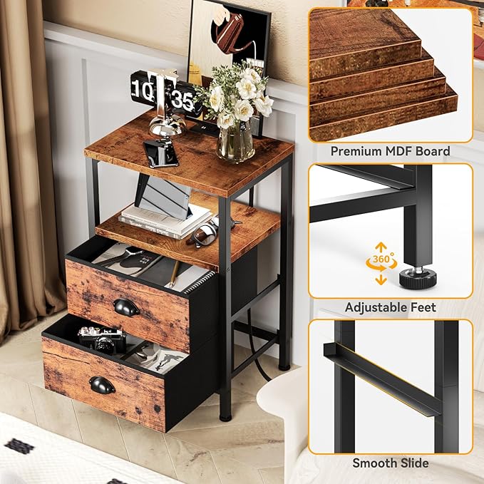 Furologee Nightstands Set of 2 Charging Station, End Tables with LED Lights, Nightstands with 2 Fabric Drawers and Shelves, Bedside Tables for Living Room/Bedroom,Rustic Brown