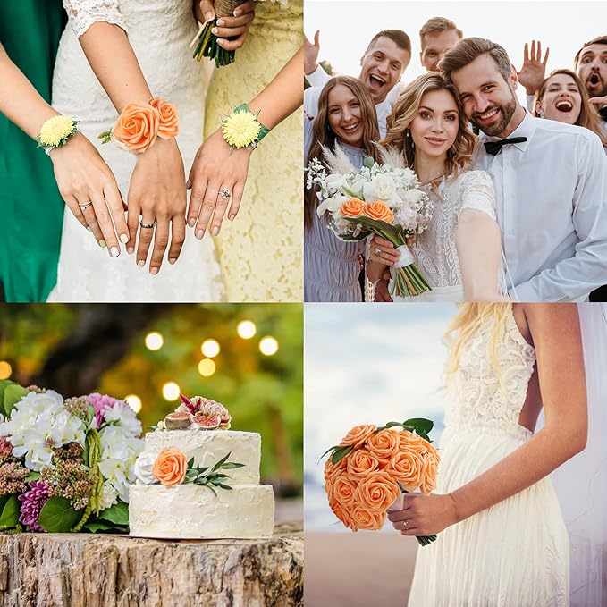 JOYLEX Artificial Flowers Realistic Roses, 25pcs Real Looking Fake Roses with Stem for DIY Wedding Bouquets Centerpieces Bridal Shower Party Romantic Decorations (25pcs, Orange)