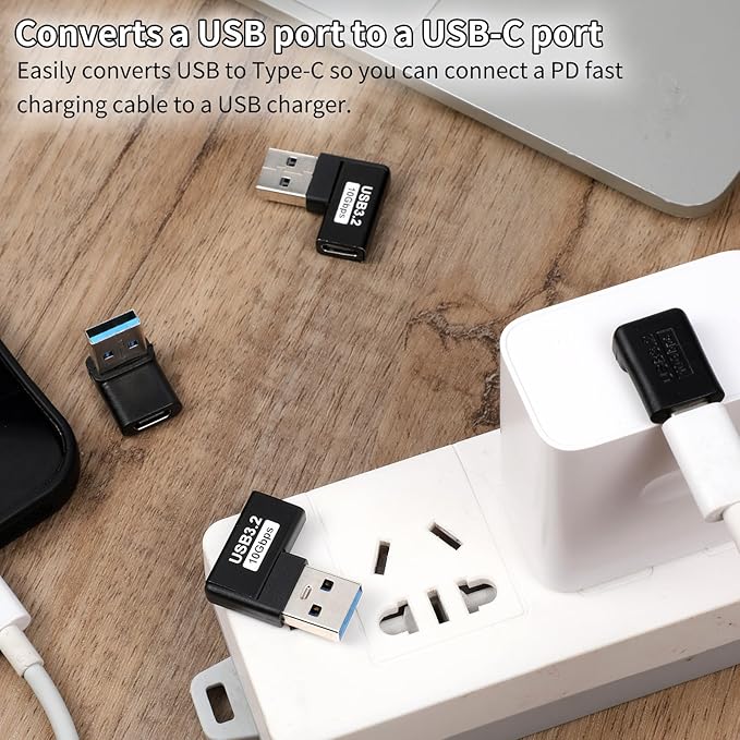 90 Degree USB to USB C Adapter (4 Pack), Up and Down Angle, Left and Right Angle A Male to Type C Female Extender Connector Vertical and Horizontal Port Changer for PC, Laptop, Power Bank