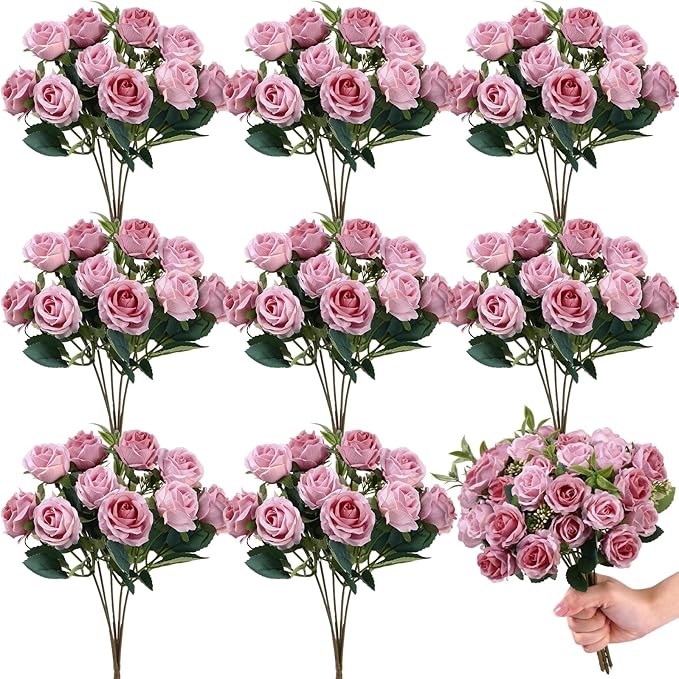 Zeyune 8 Pack 12 Inch Wedding Artificial Rose Bouquet Silk Roses Flowers Bunches Bulk Fake Roses for Bridal Home Office Garden Parties Valentine Decoration (Dusty Pink)