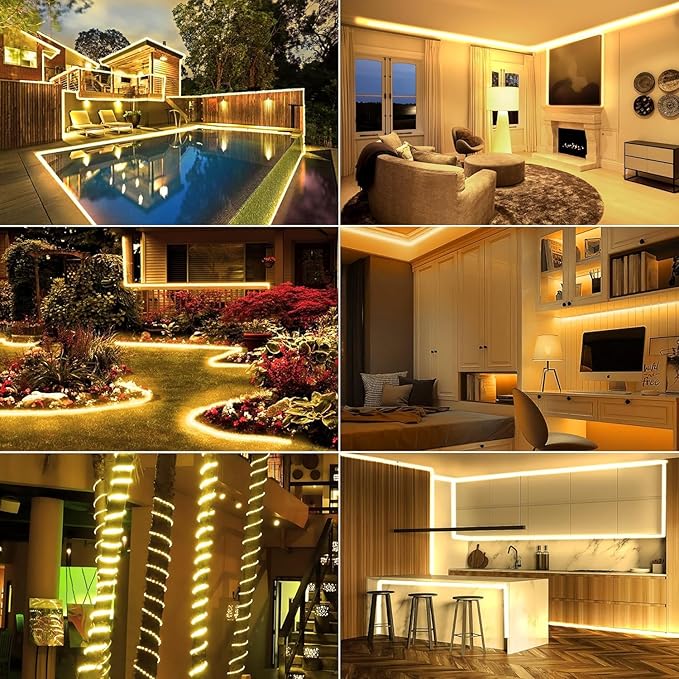 OMIKA 50ft Connectable Outdoor Rope Lights, 600 LED Warm White Strip Light Plug in for Indoor with Waterproof 8 Modes, Outdoor String Lights for Garden, Backyard, Patio, Deck, Pool, Camping Decor