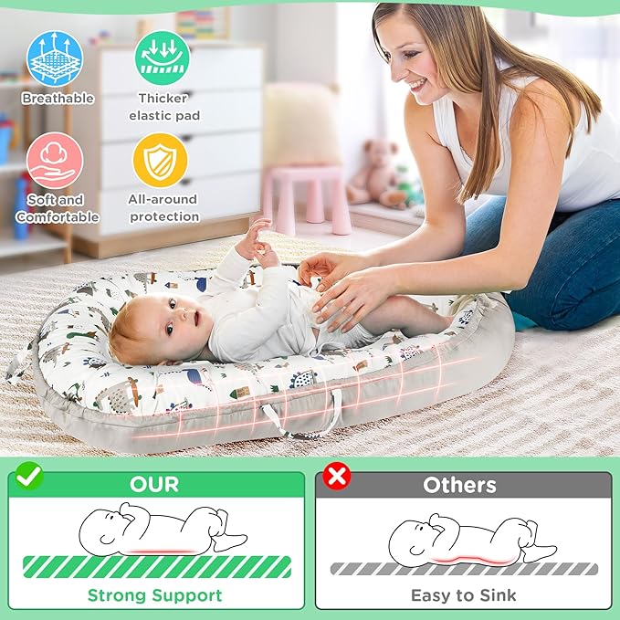 KISS GOLD Baby Lounger - Breathable Soft Cotton Cover Baby Lounger Nest, Babies Essentials Gifts, Portable Lounger for Baby Tummy Time Floor Playing Seated Support for Home and Travel