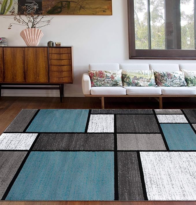 Rugshop Contemporary Modern Boxes for Home Office,Living Room,Bedroom,Kitchen Non Shedding Area Rug 5' 3" X 7' 3" Blue/Gray