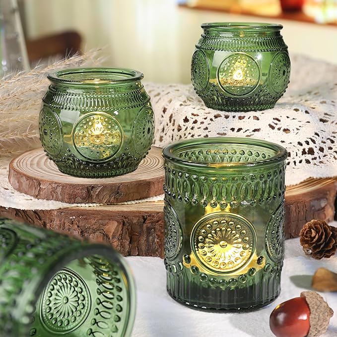 36 Pcs Green Glass Votive Candle Holders Bulk - Assorted Tea Light Holders for Christmas, Tea Party, Fall Wedding, Bridal Shower Table Centerpieces