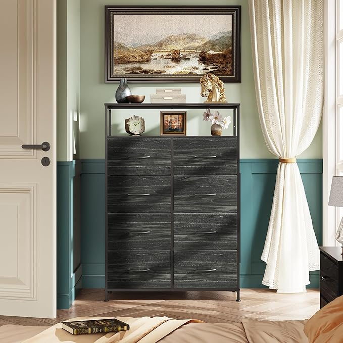 WLIVE Fabric Dresser for Bedroom with Open Shelves, Tall Dresser with 8 Drawers, Storage Tower with Fabric Bins, Chest of Drawers for Closet, Living Room, Hallway, Charcoal Black Wood Grain Print