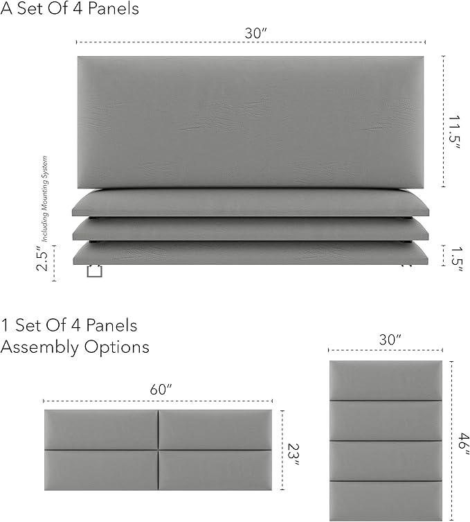 Vänt Upholstered Wall Panels - Queen/Full Size Wall Mounted Headboards - Vintage Leather Light Grey - Set of 4 Panels (Each Individual Panel 30"x11.5")