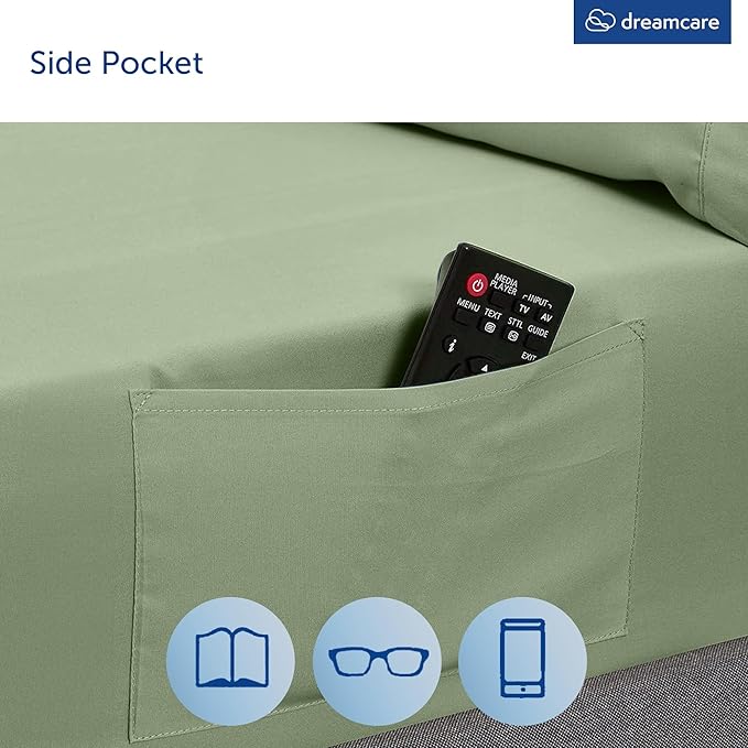DREAMCARE Queen Size Sheets - Cooling Bed Sheets - 4pcs Set - up to 15" Deep Pocket Queen Sheet Set - Sheets Queen Size Bed - Soft & Long Lasting 100% Fine Microfiber with Side Pocket - Sage Green