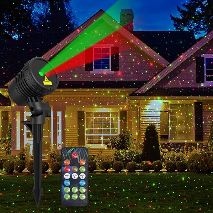 Christmas Projector Lights Outdoor Waterproof with Remote Control, Outdoor Christmas Decorations Garden & Landscape Lights with Red and Green Stars for Garden Room Decor/Halloween Decorations