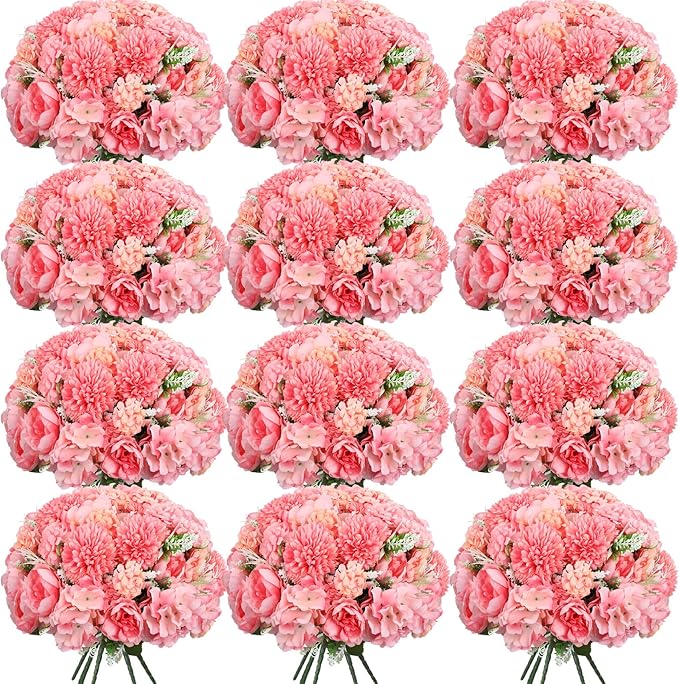 Tigeen Artificial Flowers Artificial Peonies Silk Flowers Faux Peony Fake Peony Silk Hydrangea Bouquet for Wedding Table Centerpiece Floral Vase Decor(Rose Pink,12 Bundles)