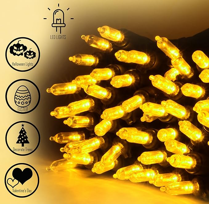 Holiday Essence - Yellow LED Christmas String Lights, 100 Mini Light Set Green Wire 26.9 Ft for Halloween Autumn, Holiday Lighting Decoration, Indoor & Outdoor, Christmas Tree Décor, UL Certified