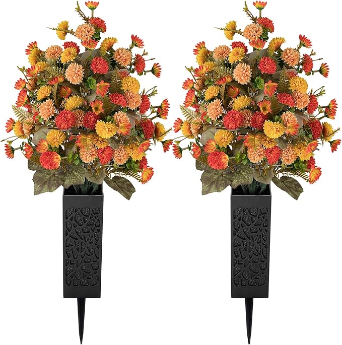 Artificial Cemetery Flowers for Grave: 2 Pcs Fake Fall Flowers for Cemetery Orange Mums Bouquets with Vases - Outdoor Grave Decorations