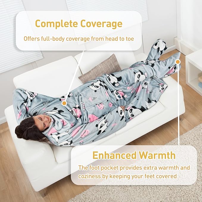 Catalonia Panda Print Wearable Blanket with Sleeves and Foot Pocket – Ultra-Soft Warm Fleece Long Throw Snuggly Blanket for Sleeping & TV Time – Cozy Christmas Gift for Women & Men