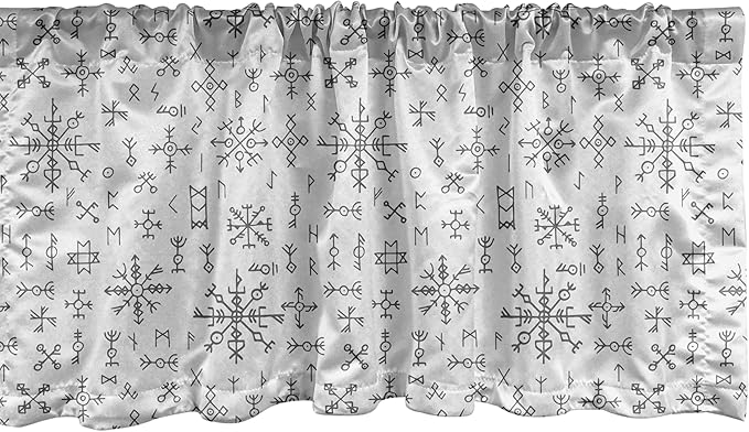 Ambesonne Nordic Window Valance Pack of 2, Viking Runes and Talismans Scandinavian Symbols with The Futhark Alphabet, Rod Pocket Curtain Valances for Kitchen Bedroom, 54" X 18", Dark Grey and White