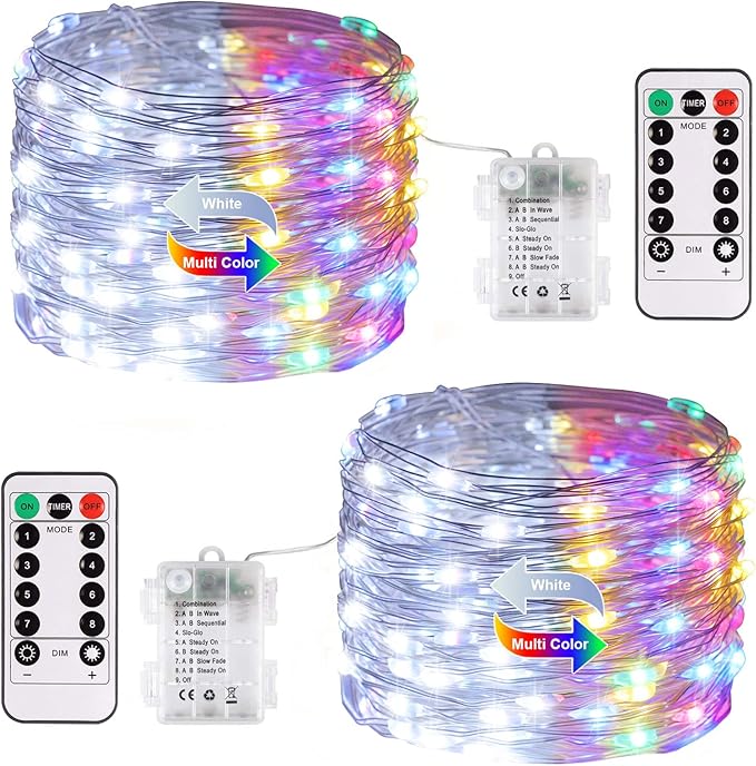 JMEXSUSS 2 Pack Color Changing Fairy Lights Battery Operated, Total 200 LED 66ft Color Changing Christmas Lights with Remote, 8 Modes Twinkle String Lights for Bedroom Decor, Cool White & Multicolor
