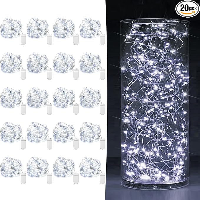 20 Pack Fairy Lights Battery Operated 7ft 20 LED Mini String Lights Twinkle Lights Silver Wire Firefly Starry Lights for Mason Jars Wedding Party Christmas Centerpiece Table Decorations, Cool White