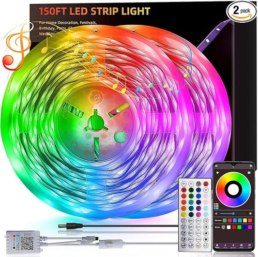 150ft Led Lights For Bedroom (2 Rolls of 75ft), Led Strip Lights Music Sync Color Changing, Led Light Strip With Remote & App Control Rgb Strip, Led Lights For Room Dorm Home Classroom Ceiling Decor