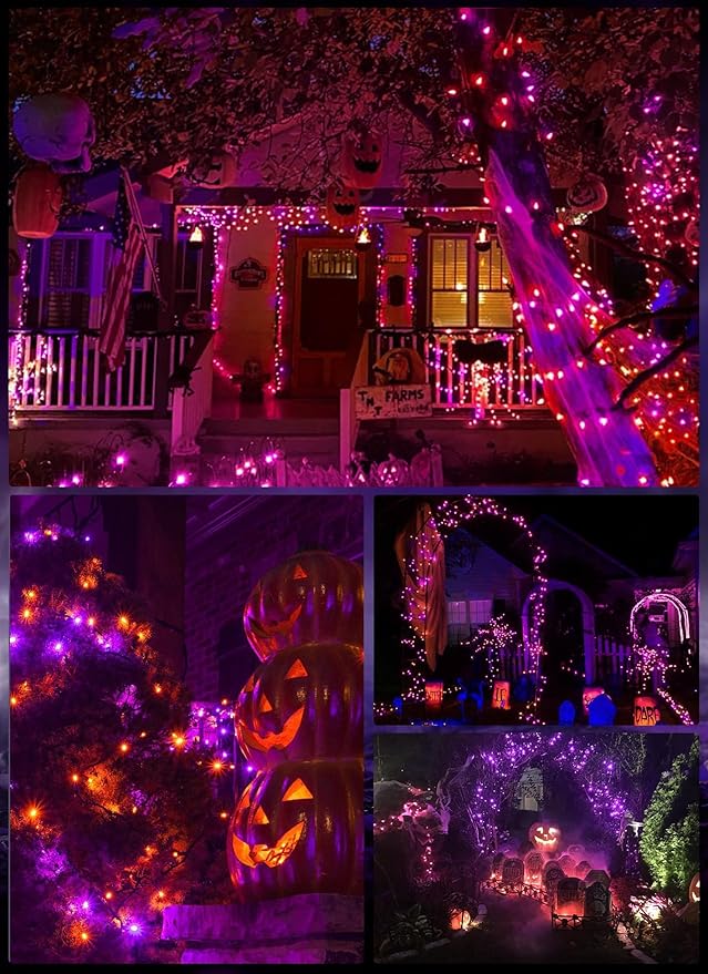 Outdoor Halloween Lights, 39Feet 100 LED Mini Lights with 8 Lighting Modes, Connectable Halloween String Light Plug In for Garden Patio Party Haunted House Ghost Holiday Decoration, Orange & Purple