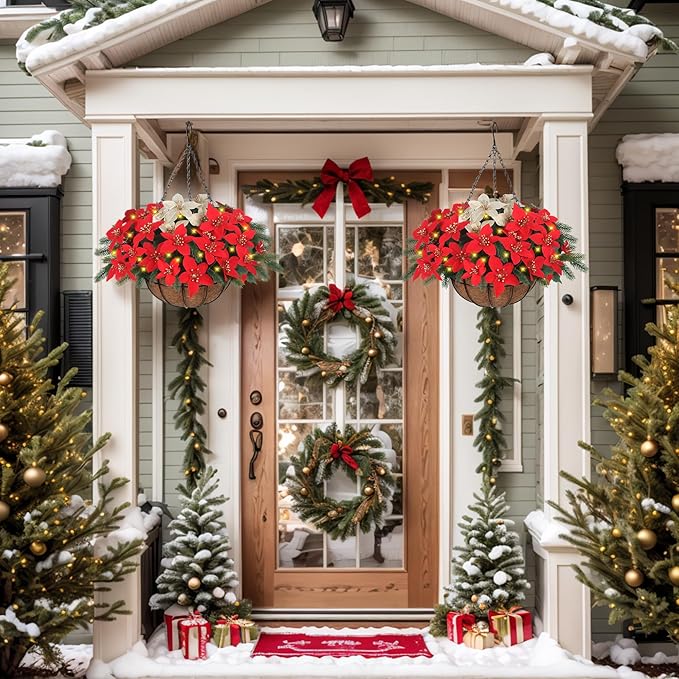 Florielle Artificial Fake Christmas Hanging Flowers Plants Basket with LED Lights, Faux Poinsettia, Pine Branches, for Outdoor New Year Xmas Decoration, Porch Home Holiday Decor (Green)