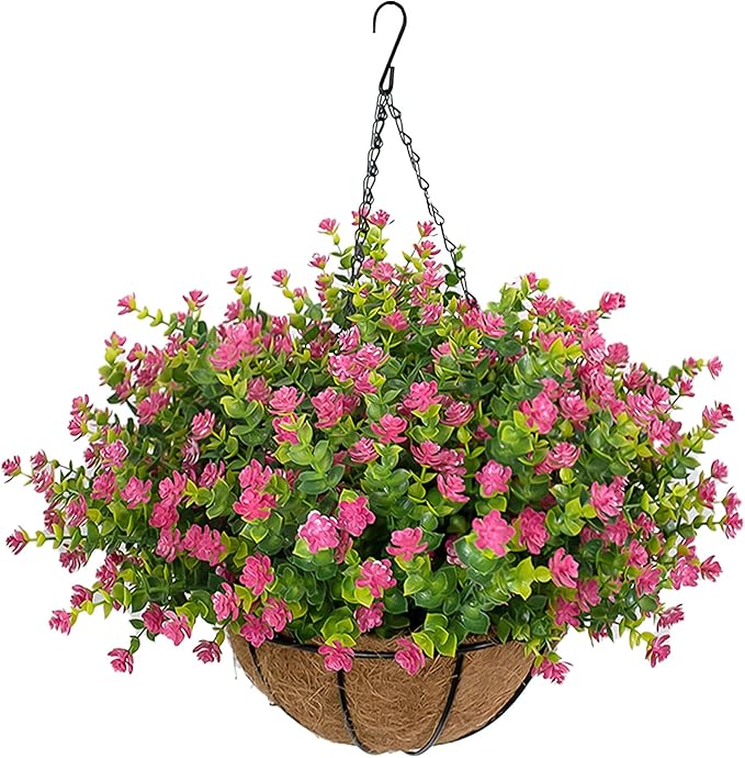 Artificial Hanging Flowers Basket for Outdoor, 16 Fake Flowers Look Real UV Resistant, Faux Hanging Plants for Porch, Balcony, Patio, Garden, Spring Summer Decor,Pink