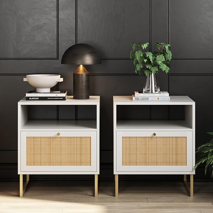 Nathan James Mina Side, End or Accent Table in a Matte White Finish & Brass Gold Legs with Natural Rattan Storage Door for Living Room or Nightstand for Bedroom, White/Gold, Set of 2
