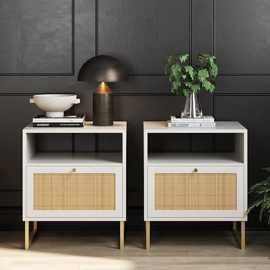 Nathan James Mina Side, End or Accent Table in a Matte White Finish & Brass Gold Legs with Natural Rattan Storage Door for Living Room or Nightstand for Bedroom, White/Gold, Set of 2