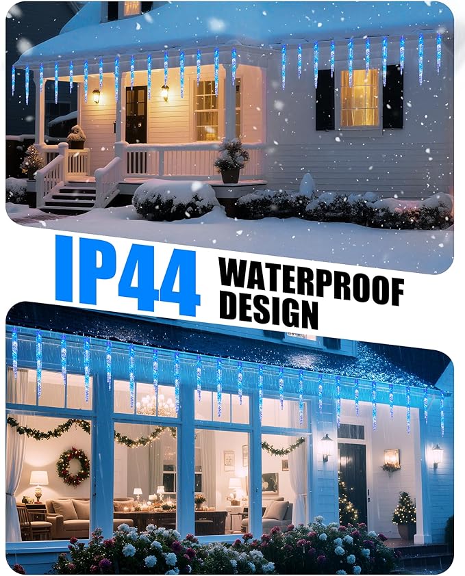 Minetom Icicle Lights Outdoor with Clips, 2 Pack Total 40ft 200 LED 40 Tubes Twinkling Connectable Hanging Ice Shape Christmas String Lights Plug in for Eave Holiday Outdoor, Blue and White
