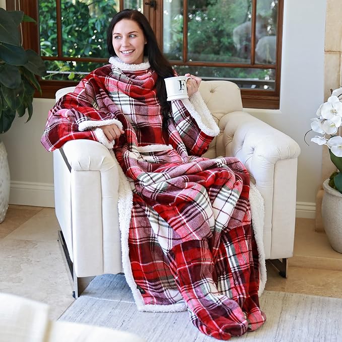 Catalonia Sherpa Wearable Blanket with Sleeves & Foot Pockets for Adult Women Men, Comfy Snuggly Wrap Sleeved Throw Blanket Robe, Gift Idea, Plaid