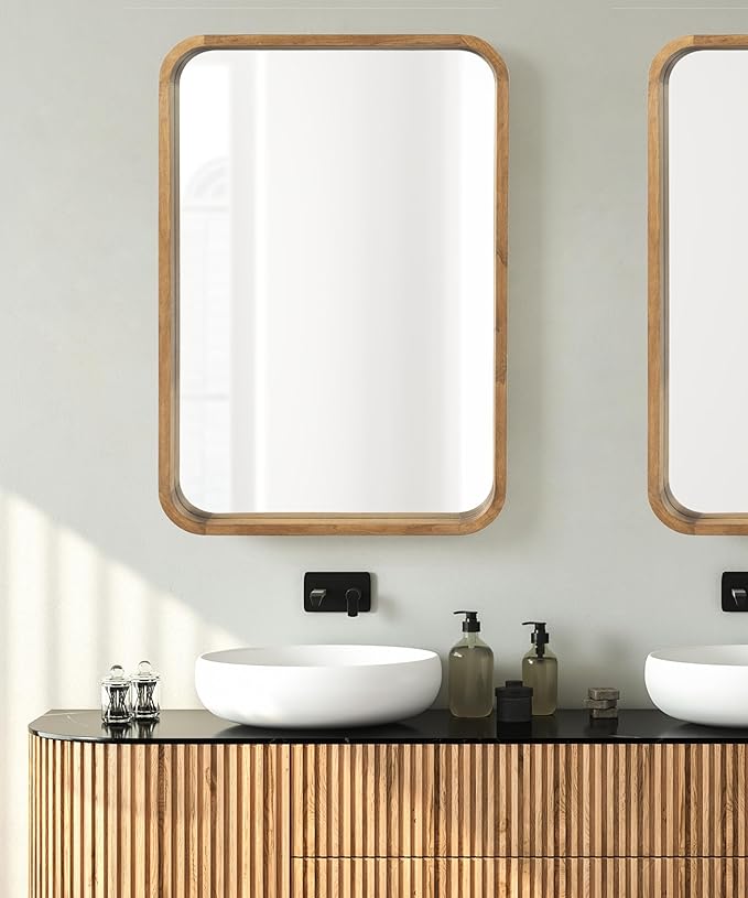 Kate and Laurel Hutton Modern Rounded Rectangle Wall Mirror, 24 x 36, Natural Rustic, Decorative Farmhouse Rectangular Wall Decor for Bathroom Mirror for Over Sink
