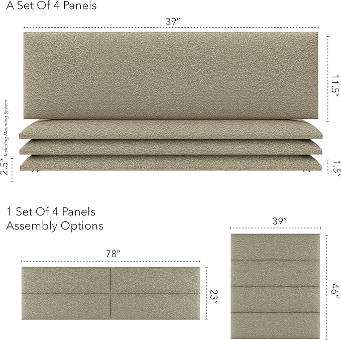 Vänt Upholstered Wall Panels - King/Cal King Size Wall Mounted Headboards - Boucle Beige - Twin/King - Set of 4 Panels (Each Individual Panel 39"x11.5")