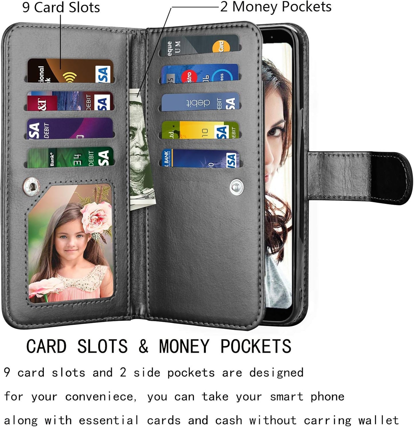 NJJEX Compatible with LG Stylo 5 Case - Wallet Case with 9 Card Slots, Detachable Kickstand, Black