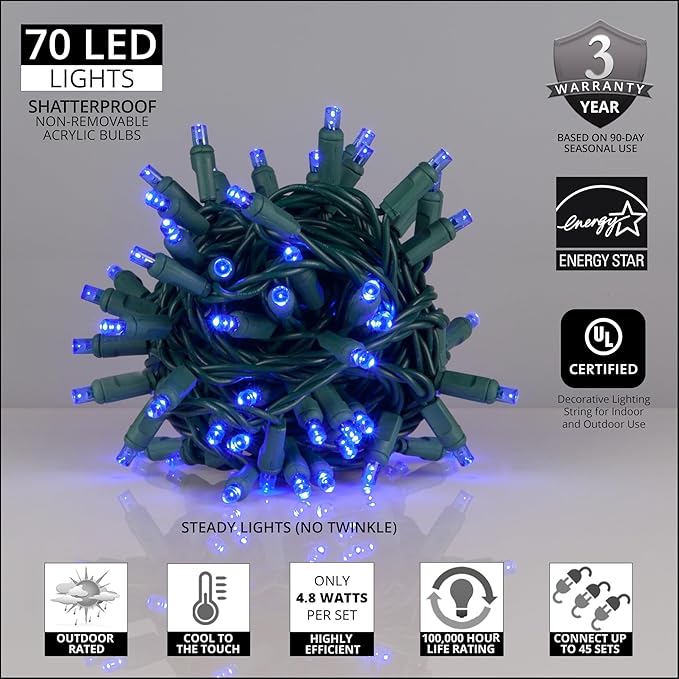 5mm LED Wide Angle Blue Prelamped Light Set, Green Wire - 70 5mm Blue LED Christmas Lights, 4" Spacing
