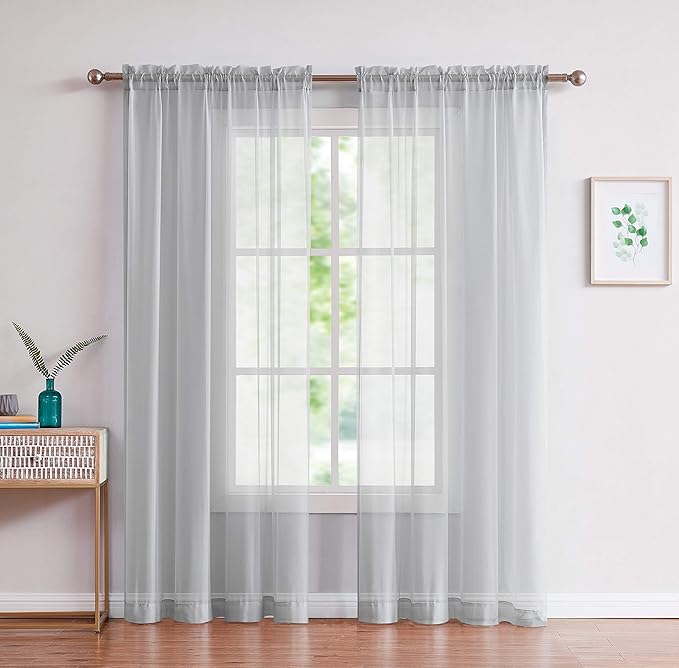 LINENZONE Pair of 2 Rod Pocket Short Window Treatments. Great Farmhouse Style Sheer Curtains for Living Room, Bedroom, Dining Room, Patio or Canopy Bed. (Amazing Sheers - 56" W x 40" L, Silver)