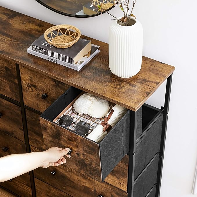 SONGMICS10 Drawers Wide Dresser, 10 Drawers 10-Drawer Dresser Storage Tower, Metal Frame, Wooden Top and Front, Fabric Drawers, 10 Drawers Brown and Black ULGS145B01