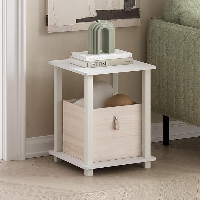 Furinno Simplistic Side Table Set of 2, 2-Tier End Table, Nightstand, Night Stand, Bedside Table, Easy Assembly, for Living Room, Bedroom, White
