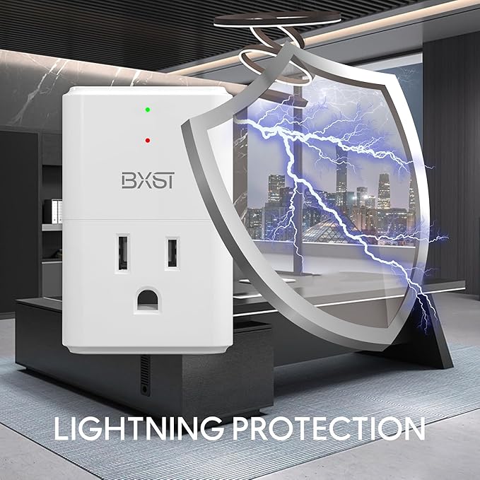 BXST 918J Single Outlet Surge Protector for Home Appliance Small Multi Function Plug with Surge Protection Wall Mount Power Suppressor for Refrigerator, TV, PC, Xbox, PS5, 120V, 1800W, 1 Pack